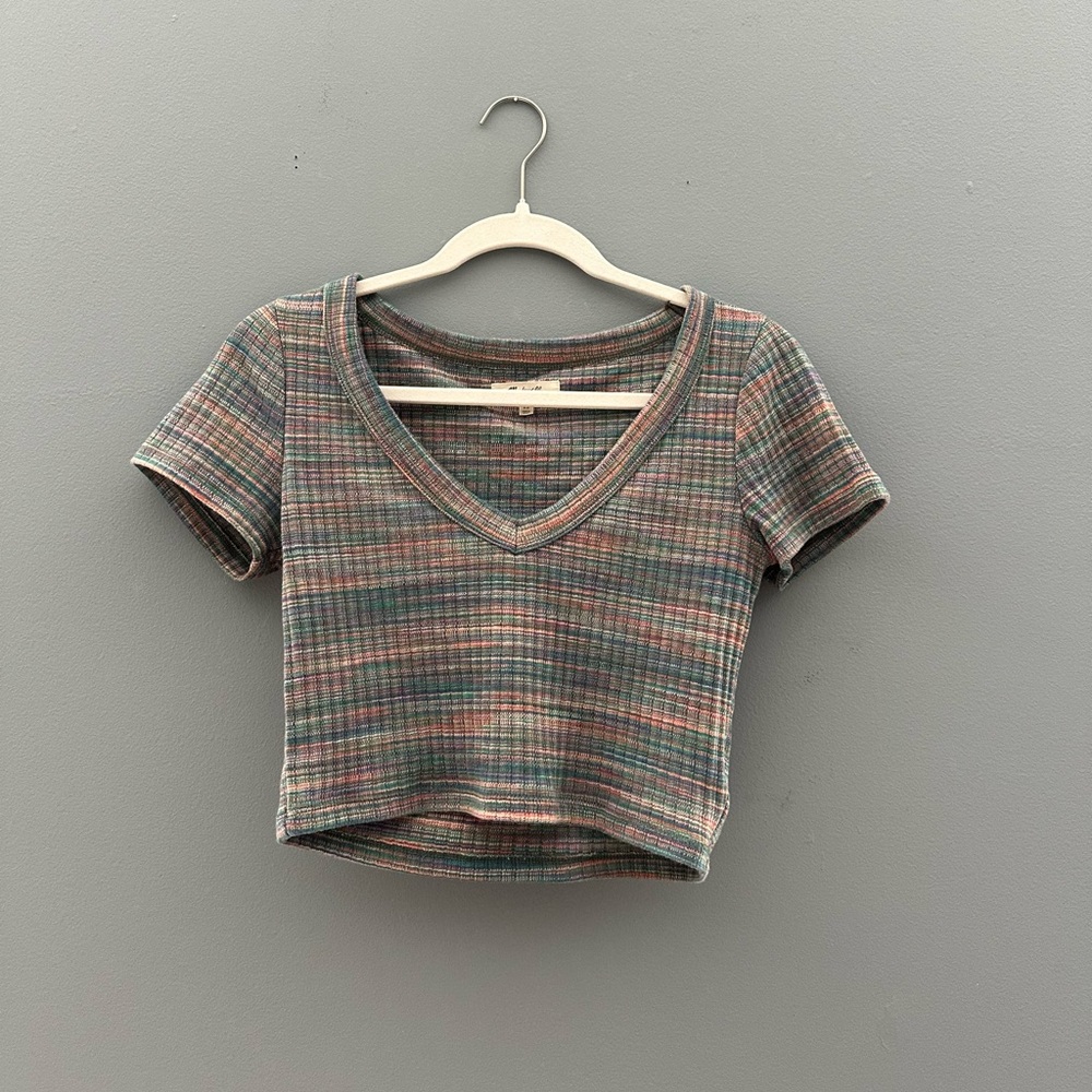 Madewell Ribbed V-Neck Crop Tee in Space-Dye, XS